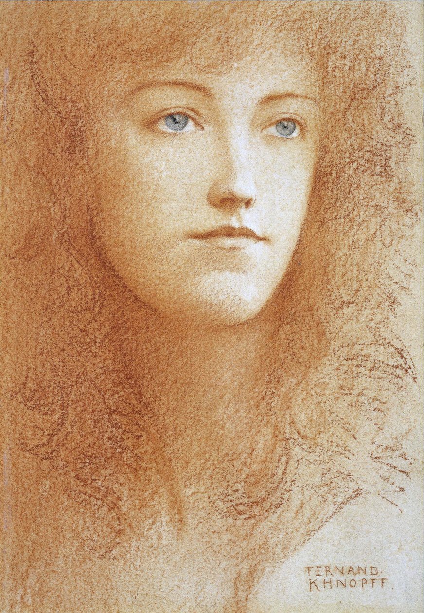 ""Porträtt av en ung engelsk kvinna"" Sanguine på papper av Fernand Khnopff (1858-1921) Cirka 1890 privat samling av Fernand Khnopff
