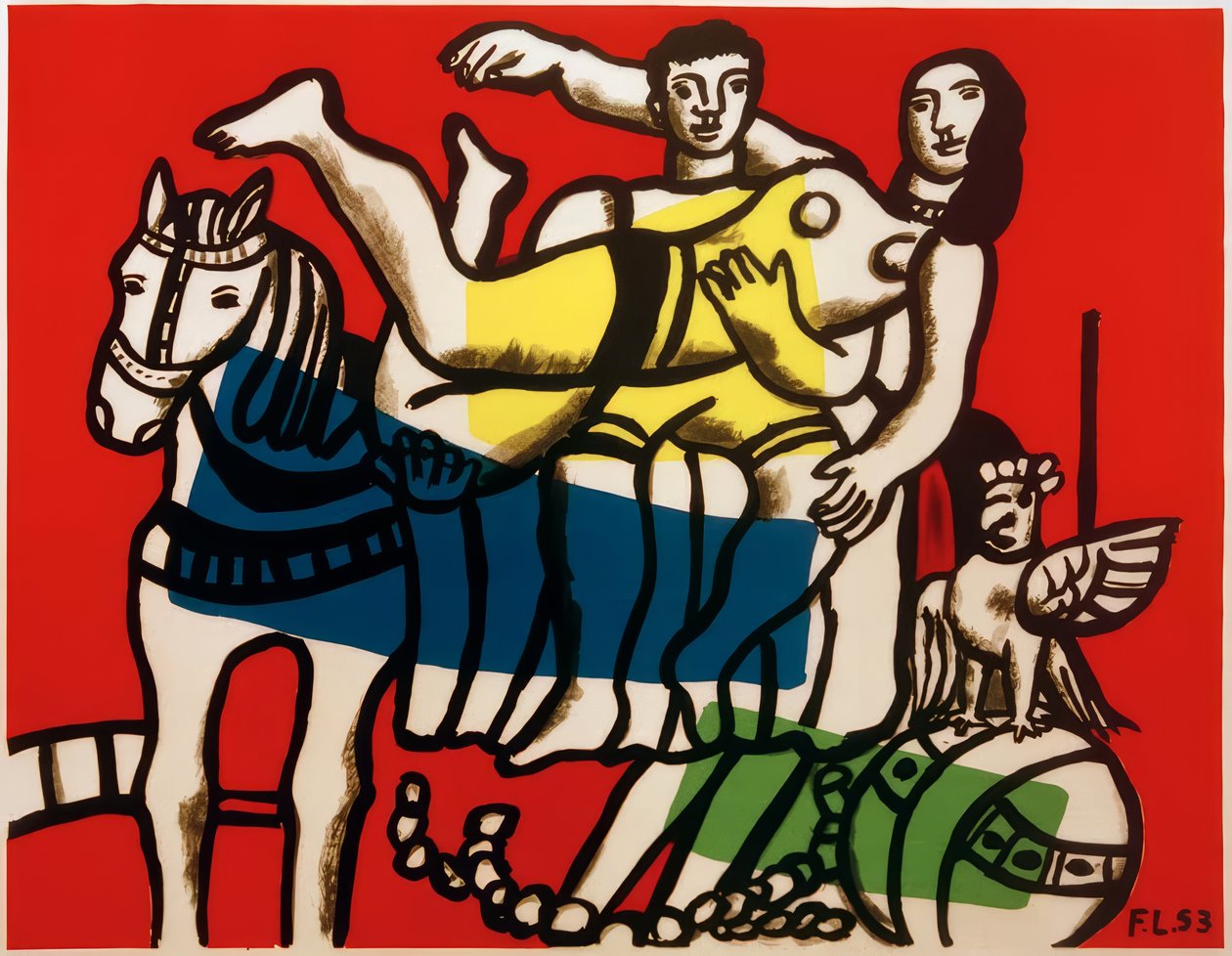 Cirkus, artister som voltigerar på en vit häst av Fernand Leger