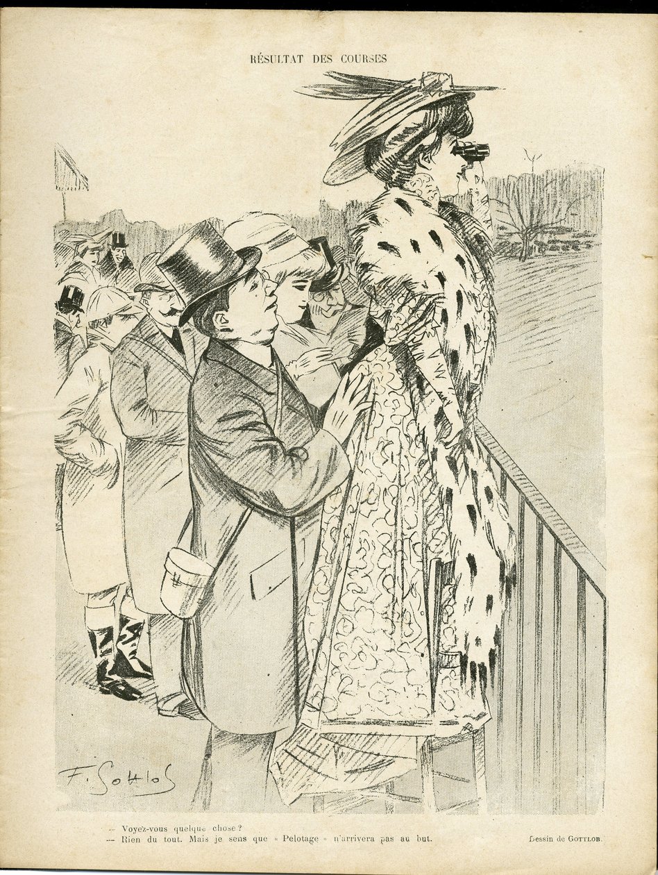 Illustration av Gottlob (1873-1935) i Le Lire, 21/12/07 - Resultat av lopp - Kärlek, mode, de rikas liv, hippism - kvinnor av Fernand Louis Gottlob