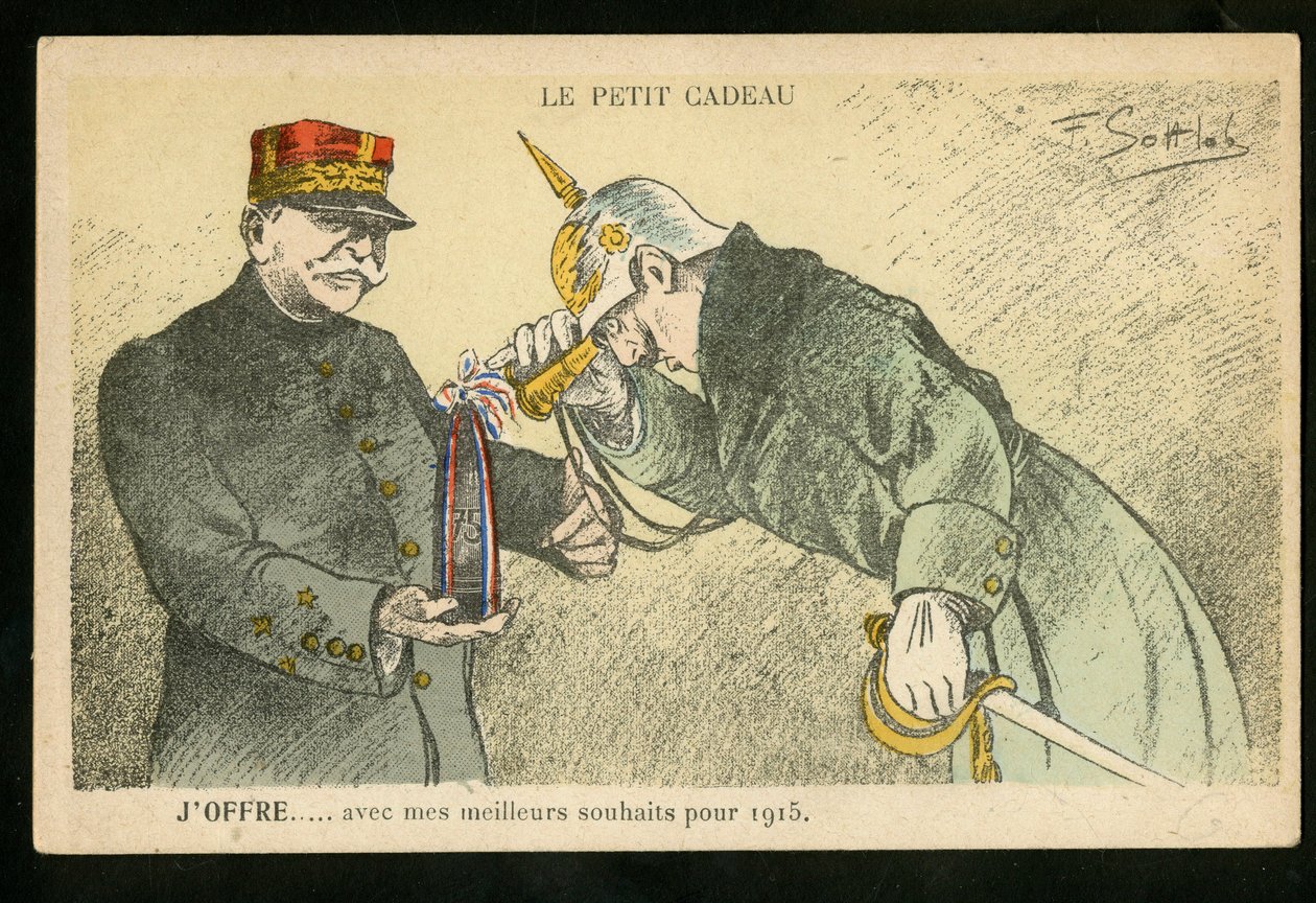 Vykort, satirisk i färger, ca. 1914_12: En liten gåva jag erbjuder med mina lyckönskningar för 1915 - War of 14 -18, Kanoner, snäckor - William II, Joffre Illustration av Gottlob (1873-1935) av Fernand Louis Gottlob