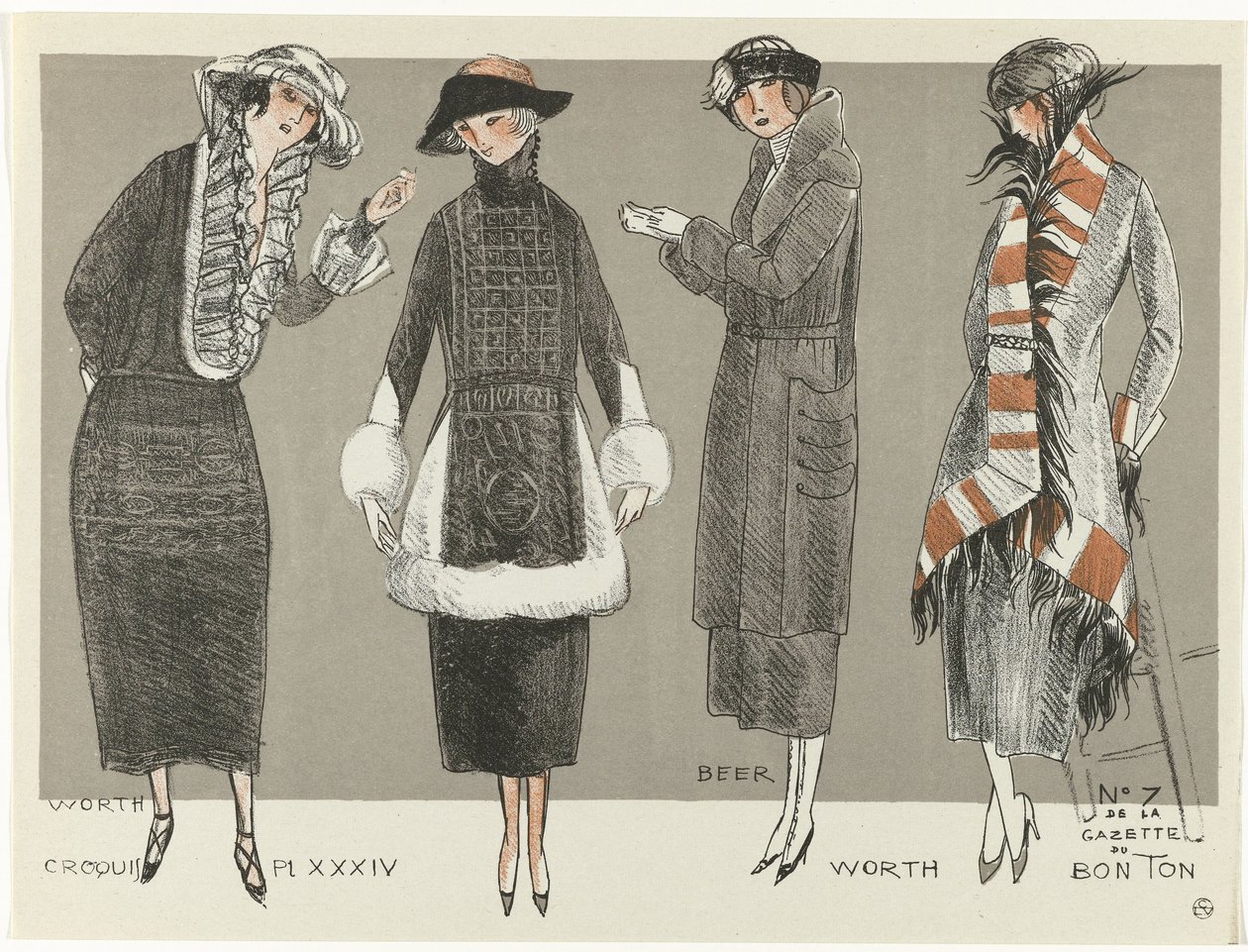 Gazette du Bon Ton, 1920 - nr 7, Croquis Pl XXXIV: Värd / Öl / Värd (titel på objekt) av Fernand Siméon