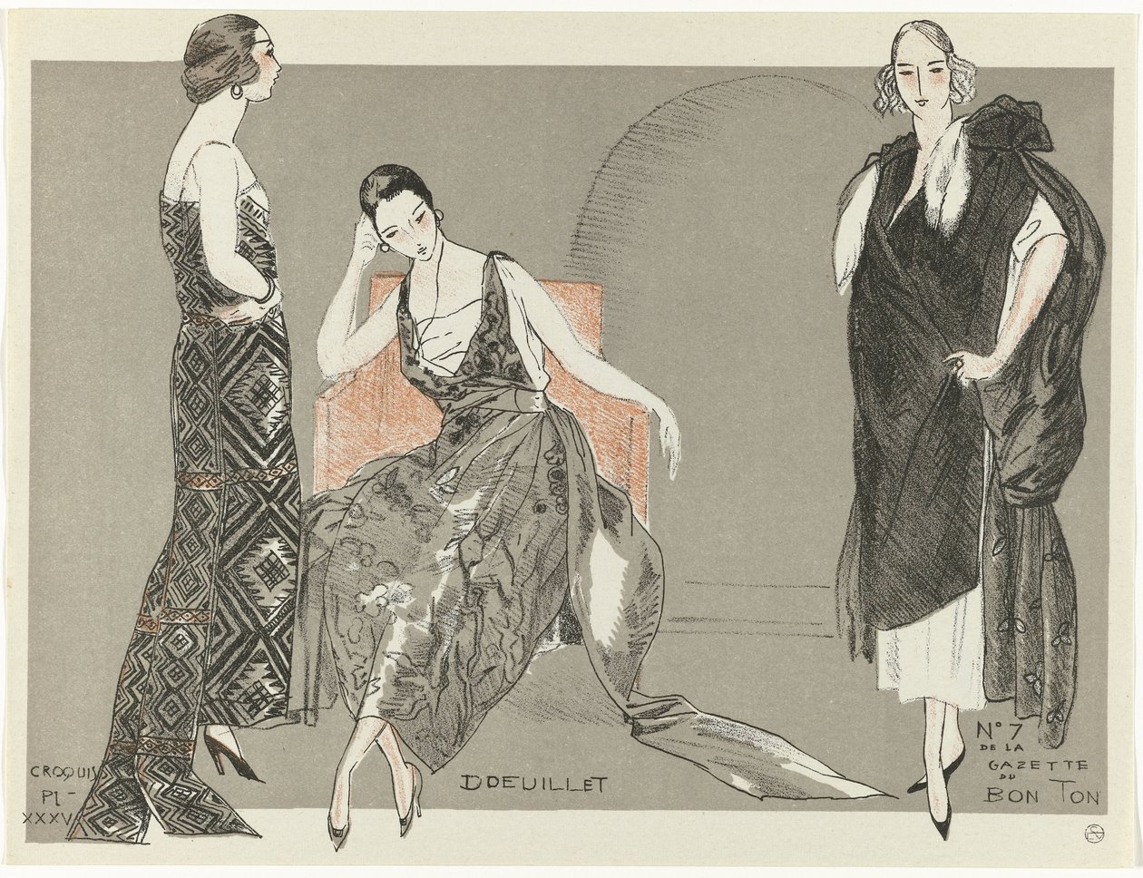 Gazette du Bon Ton, 1920 - nr 7, Croquis Pl. XXXV: Doeuillet (titel på objekt) av Fernand Siméon