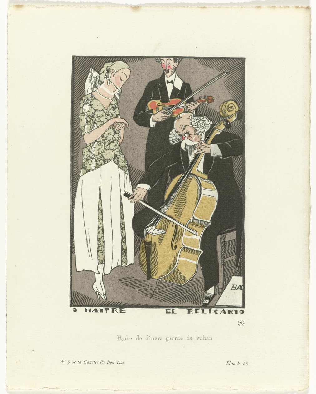 Gazette du Bon Ton, 1920 - nr 9, pl. 66: O Maitre el Relicario / Middagsklänning trimmad med band (titel på föremålet) av Fernand Siméon