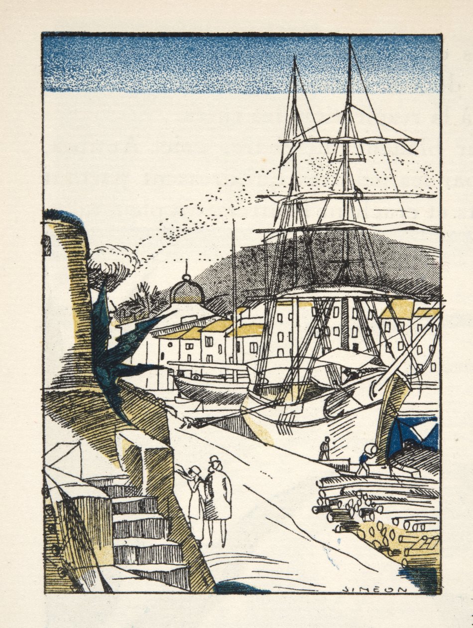 St Tropez från Gazette de Bon Ton, pub. 1920 (stenciltryck) av Fernand Siméon