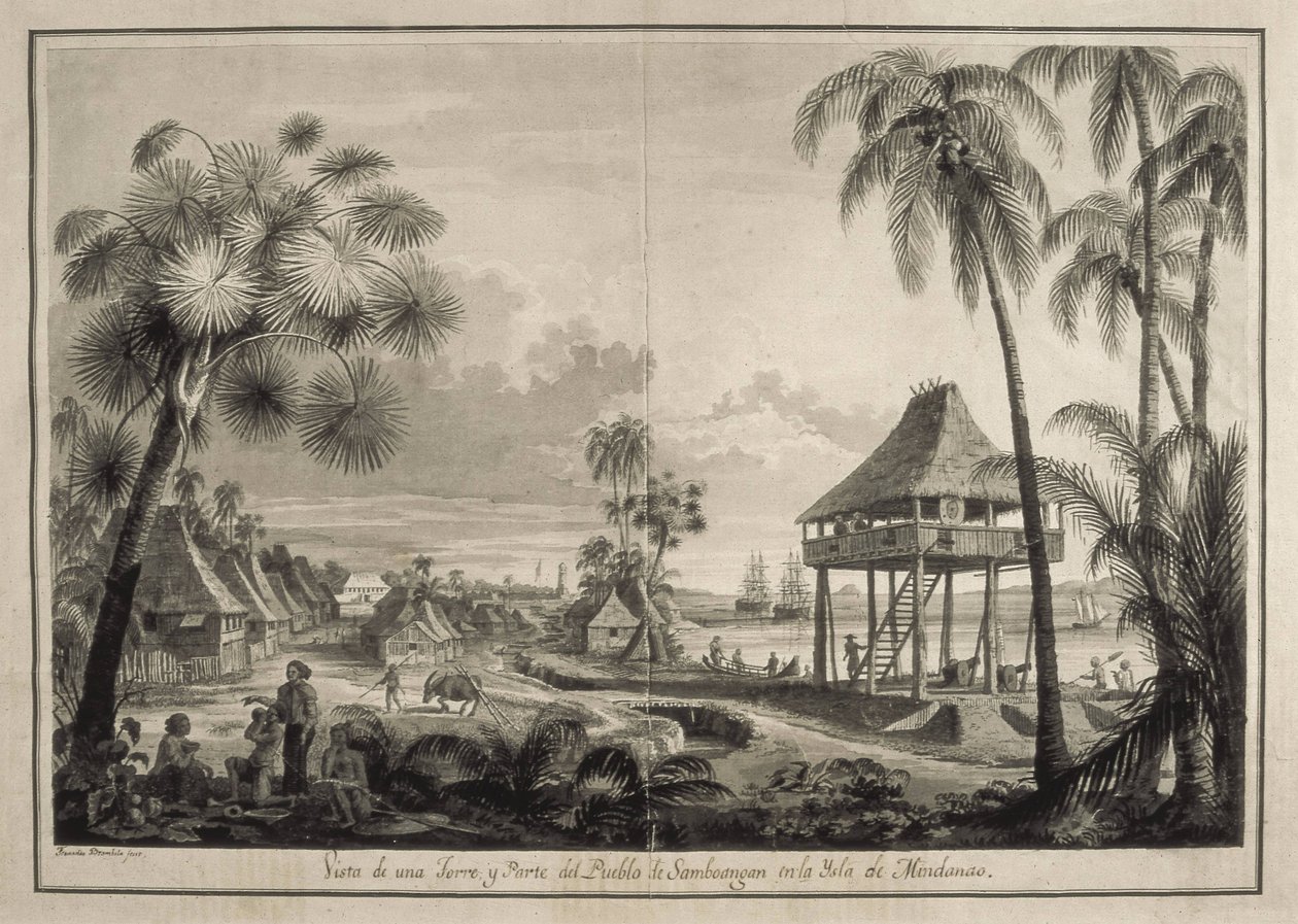 MALASPINA, Alejandro (1754-1809). Italiensk-spansk sjöfarare och upptäcktsresande; BRAMBILA, Fernando (1763-1834). Målare. Malaspina-expeditionen. Filippinerna (1792). Byn Zamboanga. Teckning av Fernando Brambila. Teckning. SPANIEN. MADRID (AUTONOM GEMENSK av Fernando Brambila