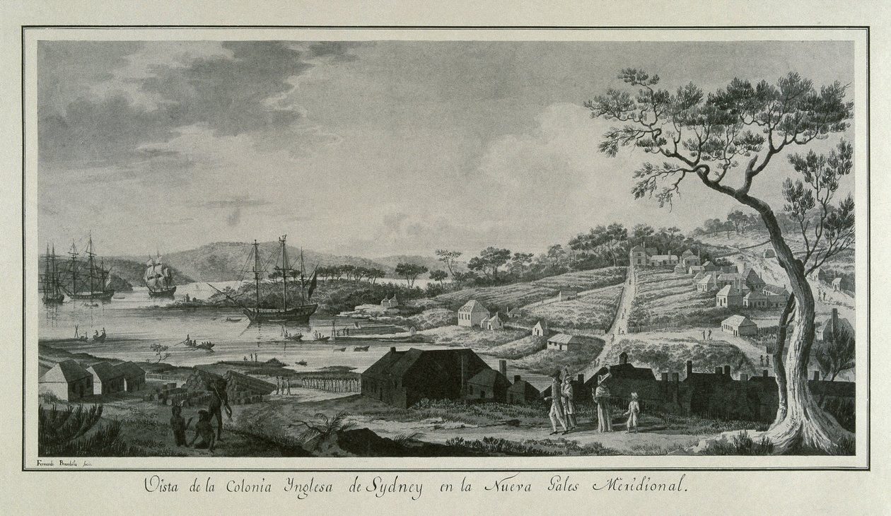 MALASPINA, Alejandro (1754-1809). Italiensk-spansk sjöfarare och upptäcktsresande; BRAMBILA, Fernando (1763-1834). Målare. Australien (18:e århundradet). Engelska kolonin New South Wales. Teckning av Fernando Brambila som illustrerar den vetenskapliga expe av Fernando Brambila