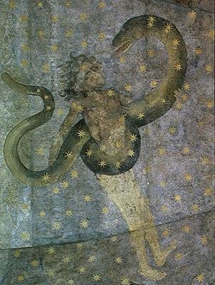 En man och en orm, detalj från Cielo de Salamanca, ca 1480-90 av Fernando Gallego