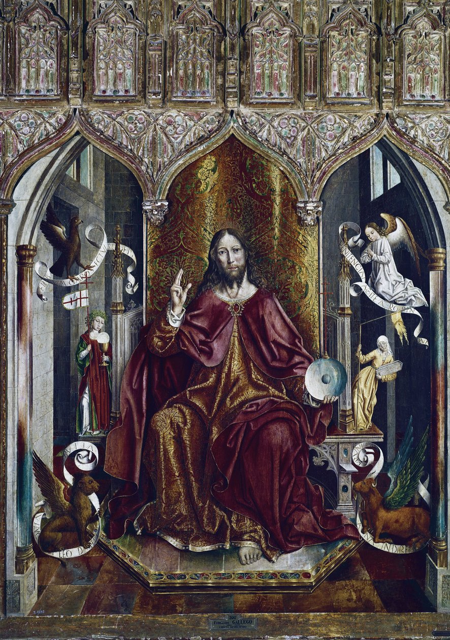 The Blessing Christ (blandad metod på panel, ca 1494-1496) av Fernando Gallego