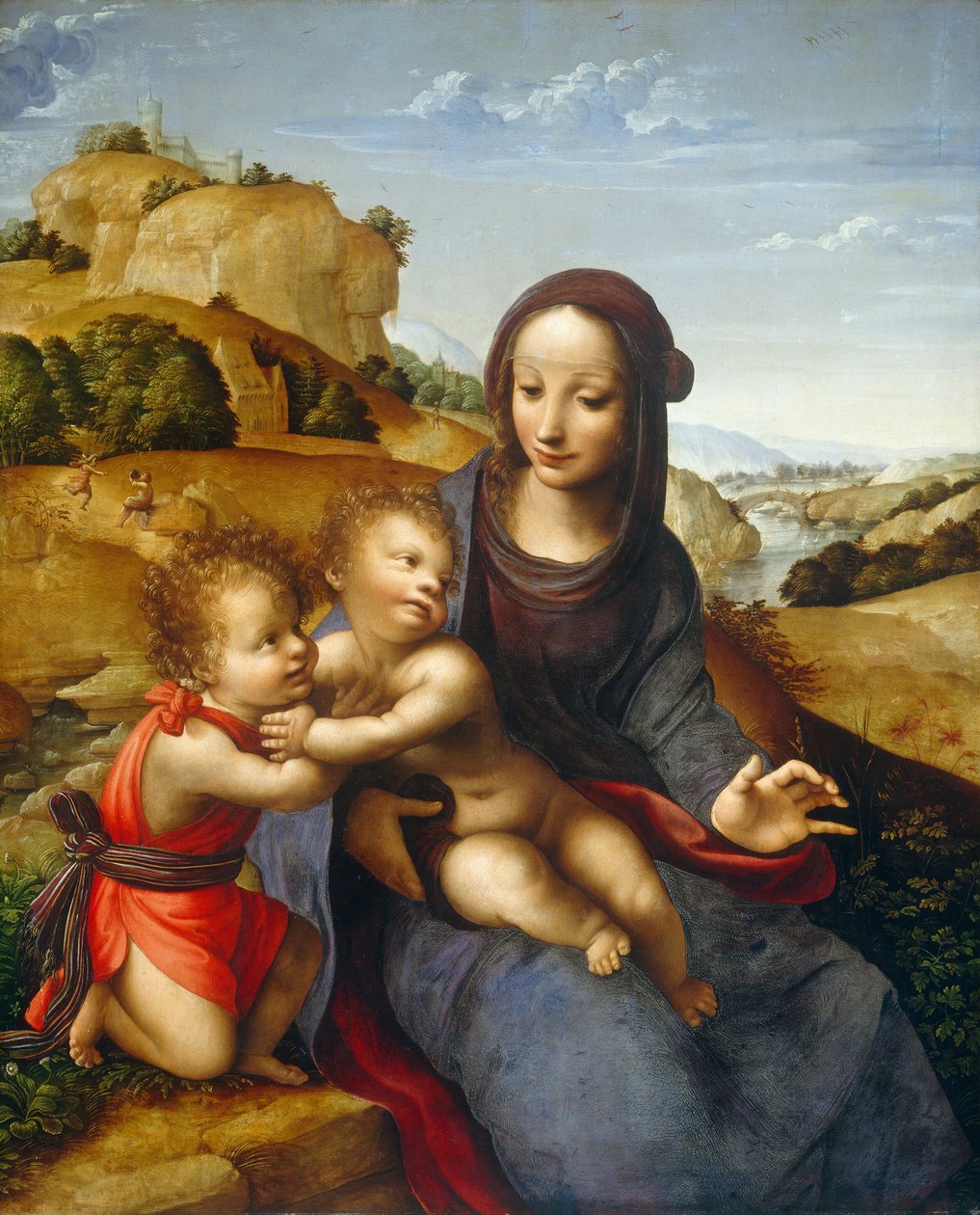 Madonna och barn med spädbarnet Saint John, ca. 1505. av Fernando Yáñez de la Almedina