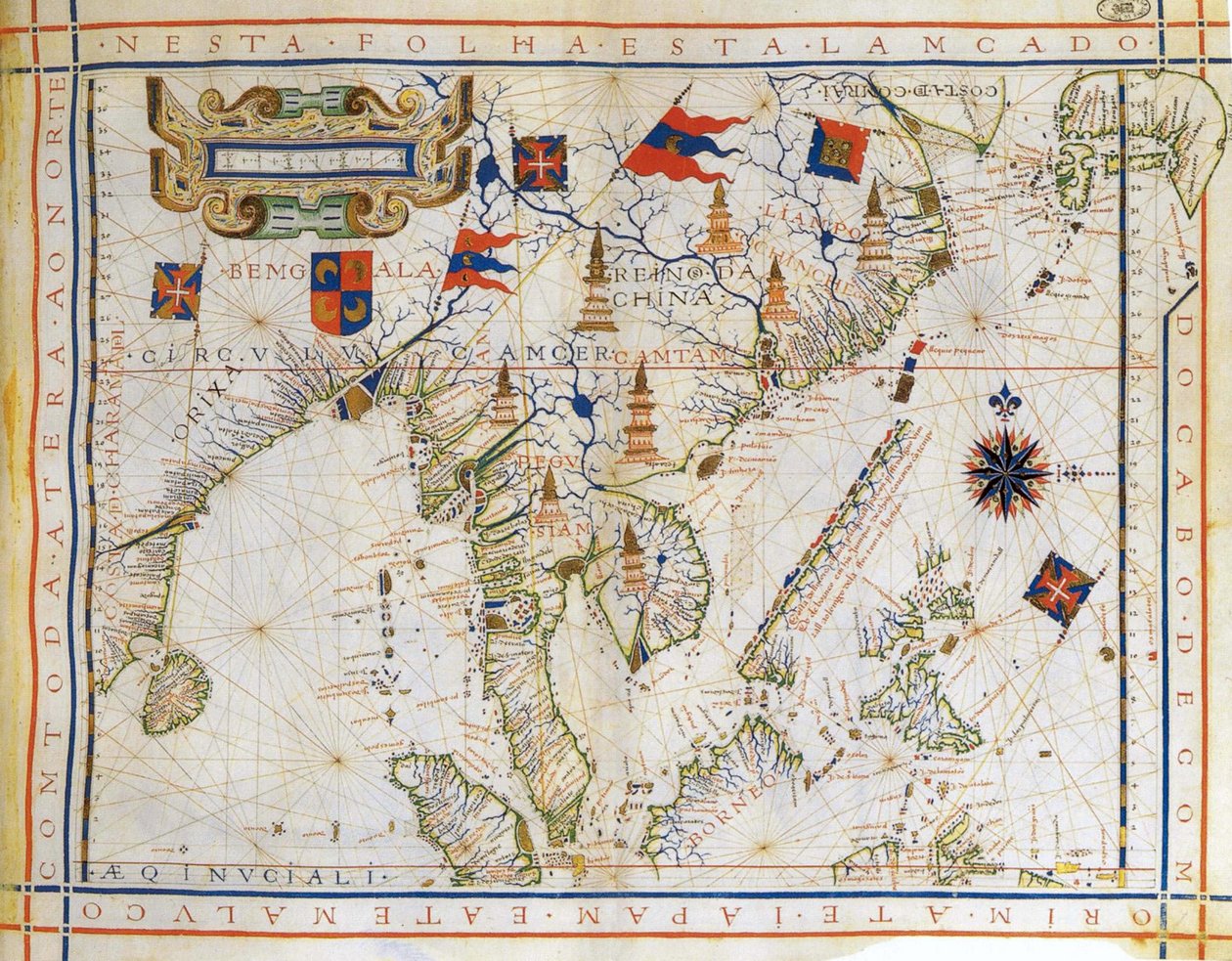 Plankarta, pre-Mercator-karta från 1571 av den portugisiske kartografen Fernao Vaz Dourado (ca 1520-c1580). Karta över östra Indien, Bengaliska viken, sydöstra Kina, Thailand, Borneo och Japan. Kräftans vändkrets är namngiven. av Fernao Vaz Dourado