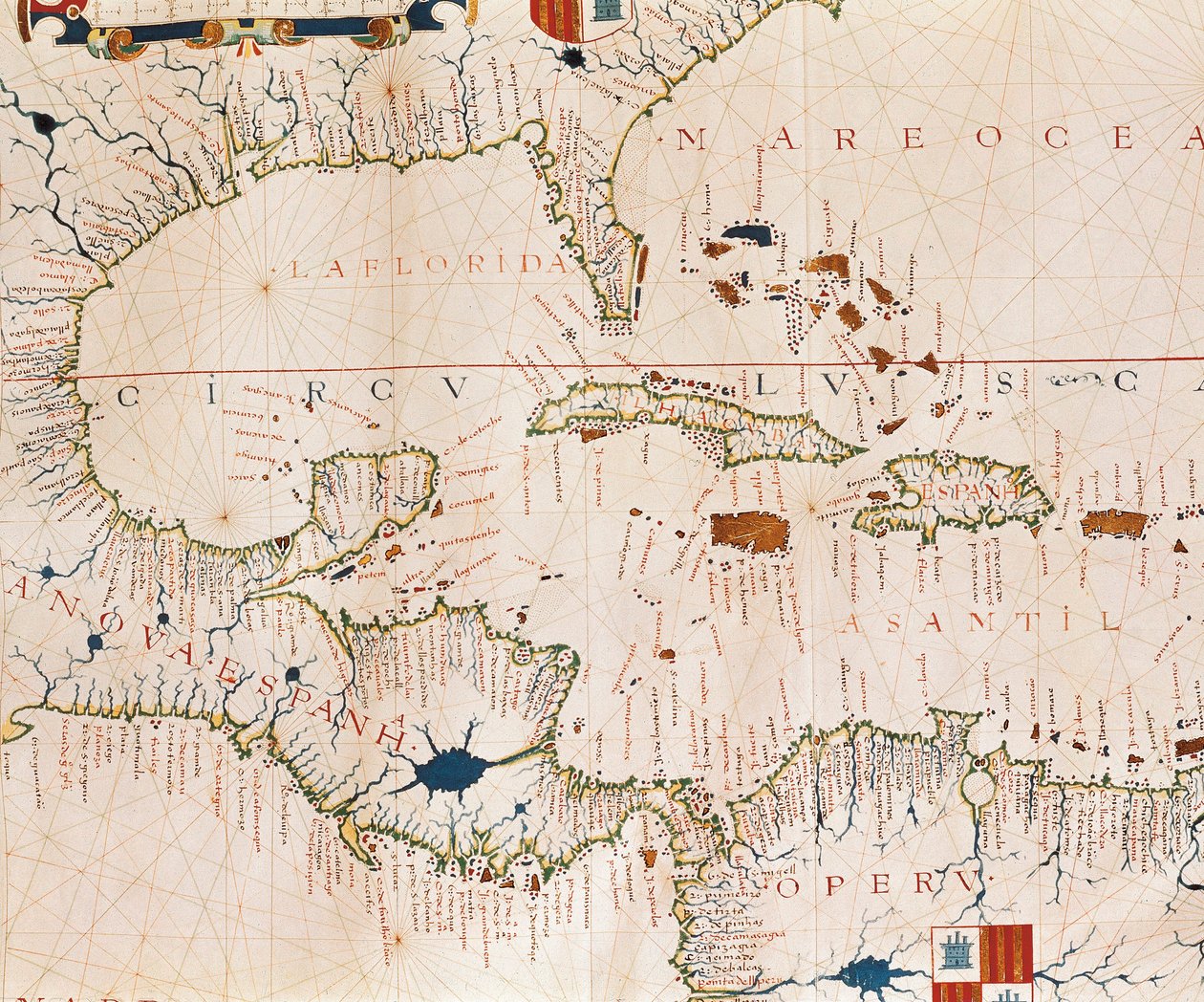 Portulan: Geografisk karta med namnet på kustlinjen Kuba, Florida, Centralamerika och Nordlatinamerika, Hydrographic Atlas of Fernao Vaz Dourado (1500-talet) av Fernao Vaz Dourado