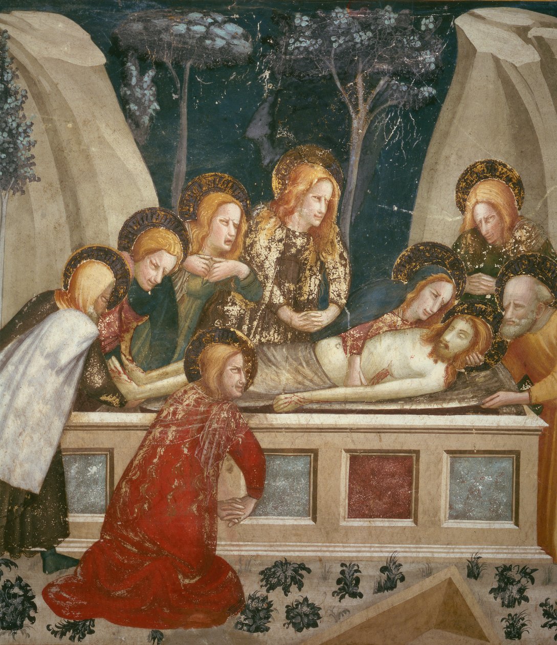 Jesus i graven med apostlarna och hans mor (fresk) av Ferrer Bassa