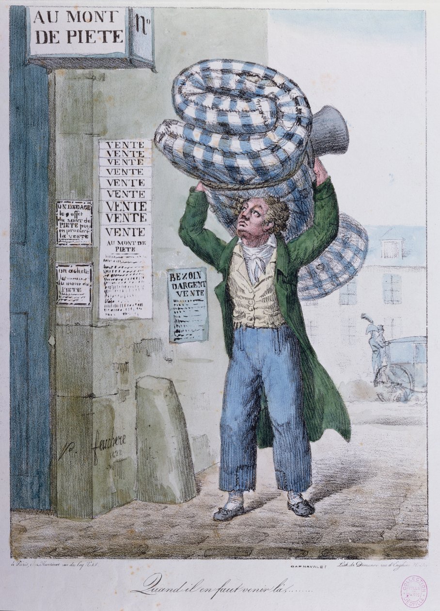 När man måste gå..., karikatyr av ett besök hos Mont de Pietes pantlånemakare, 1822 av Jean Jacques Feuchere
