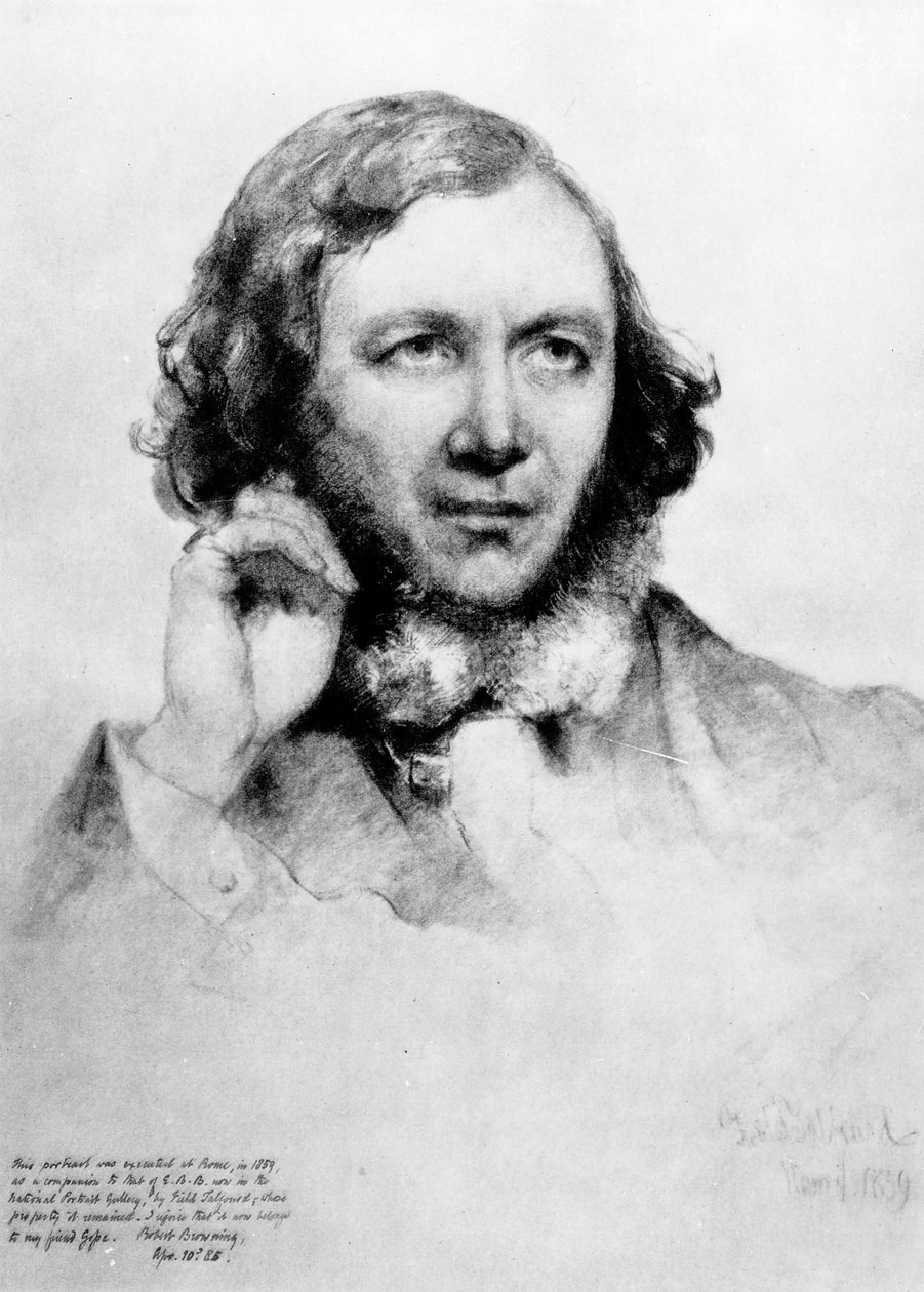 Porträtt av Robert Browning (1812-89) 1859 (svart krita på papper) av Field Talfourd