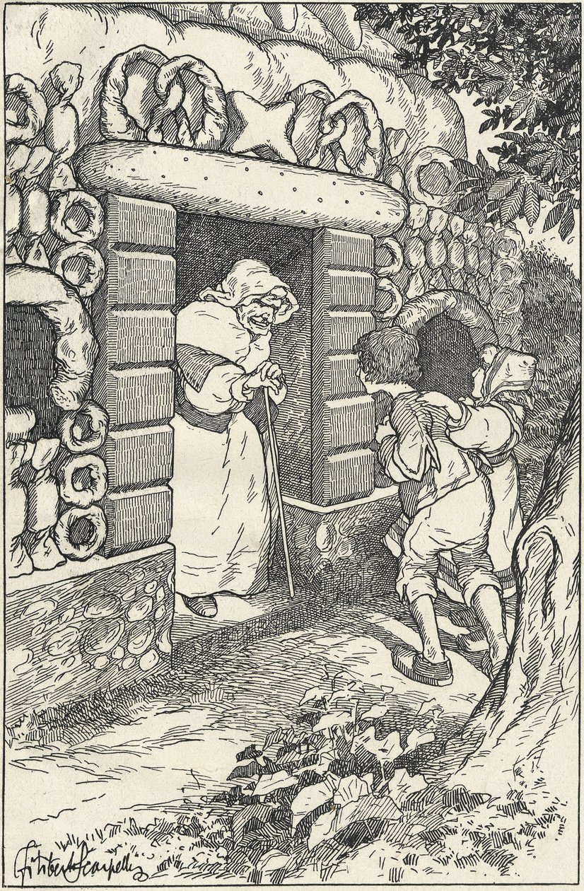 Två barn i ett marsipanhus i skogen. Illustration av F. Scarpelli till sagan Hans och Greta efter en samling av bröderna Grimm. Snövit och andra sagor, Florens av Filiberto Scarpelli