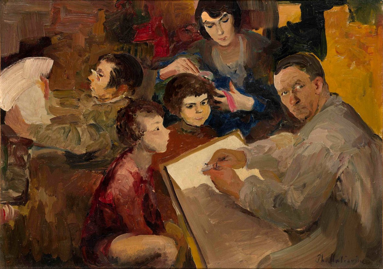 Självporträtt med familj - Målning av Filipp Andreyevich Maliavin (Maliavine) (eller Andreyevich Malyavin) (1869-1940), olja på duk (46,5x64,5 cm), rysk konst, sent 1800-tidigt 1900-tal - Privat samling av Filipp Andreevich Maliavin