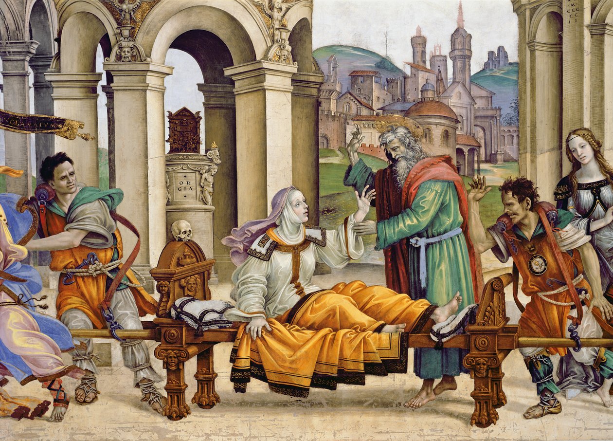 Strozzikapelets norra vägg, Johannes evangelistens uppståndelse av Drusiana, ca 1457-1502 Freskedetalj av 208293 av Filippino Lippi