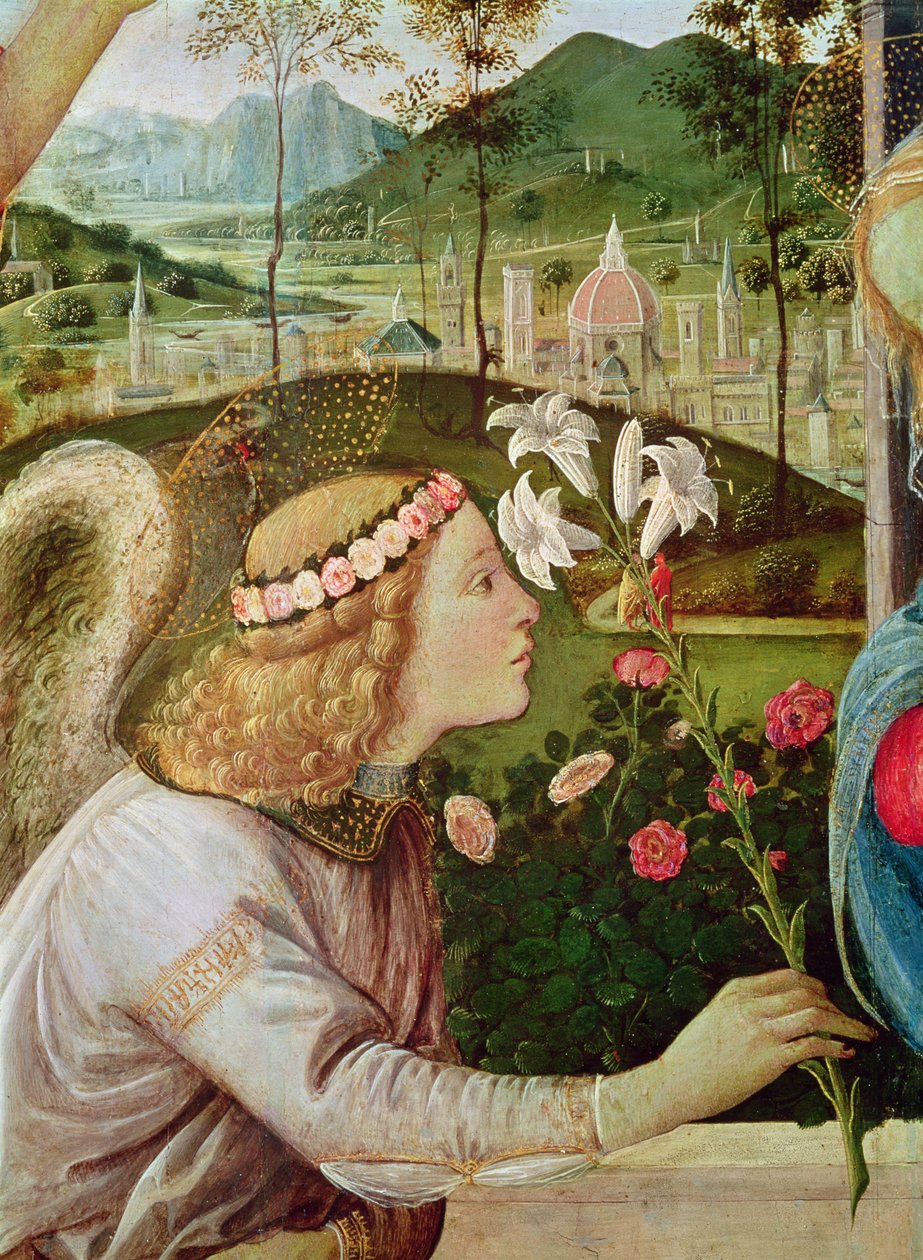 Bebådelsen mellan Johannes Döparen och Sankt Andreas som bär hans korsdetalj av en ängels huvud, 1483-5 olja på duk av Filippino Lippi