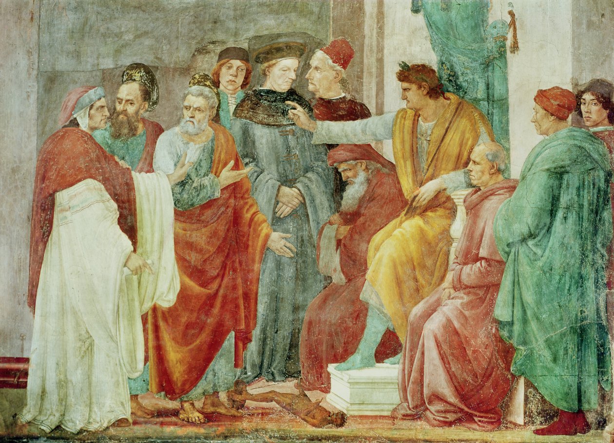 Tvisten med Simon Mago (Nero på tronen), nedre delen av väggen till höger om altaret, ca 1484-85 av Filippino Lippi