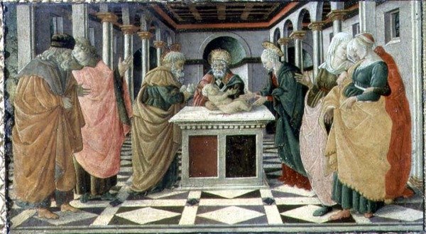 Presentationen i templet, predellapanel till Födelsealtartavlan i Museo Civico av Filippino (and workshop) Lippi