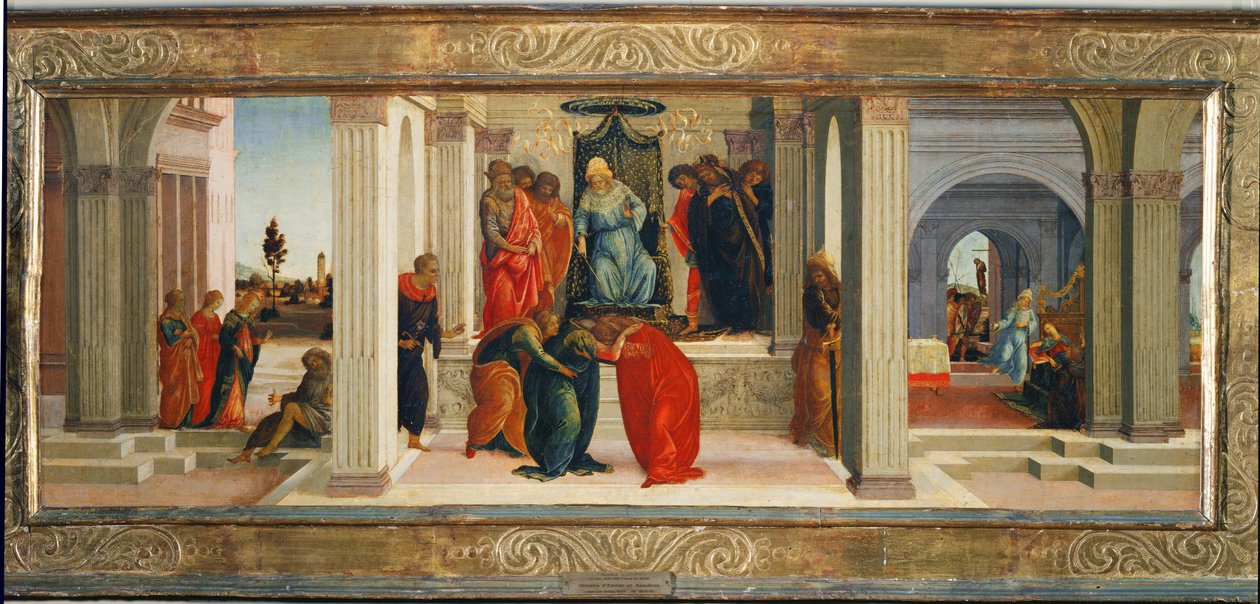 Tre scener ur Esters liv: Mordechai beklagar judarnas öde ... av Filippino (attr.to) Lippi