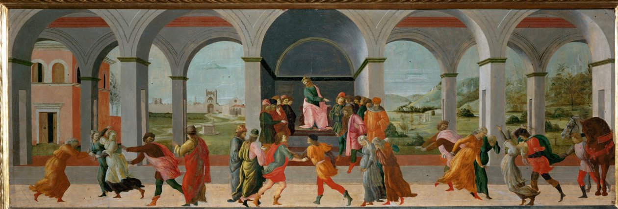 Tre scener ur Virginias liv: Appius Claudius beordrar att Virginia ska gripas... av Filippino (attr.to) Lippi