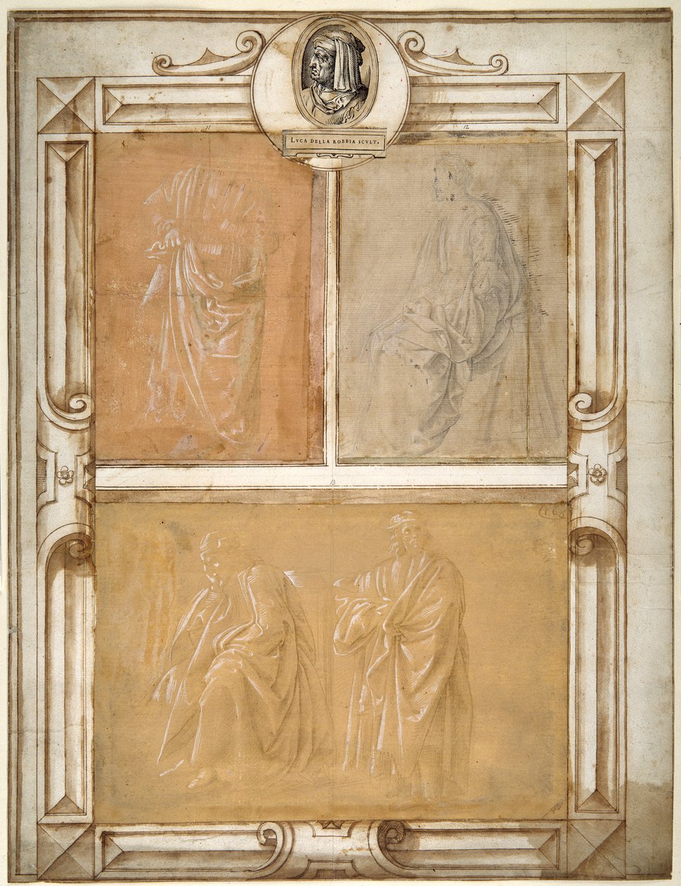 Studier av draperade figurer (silverpoint förhöjd med vit kroppsfärg på förberett papper) av Filippino (follower of) Lippi