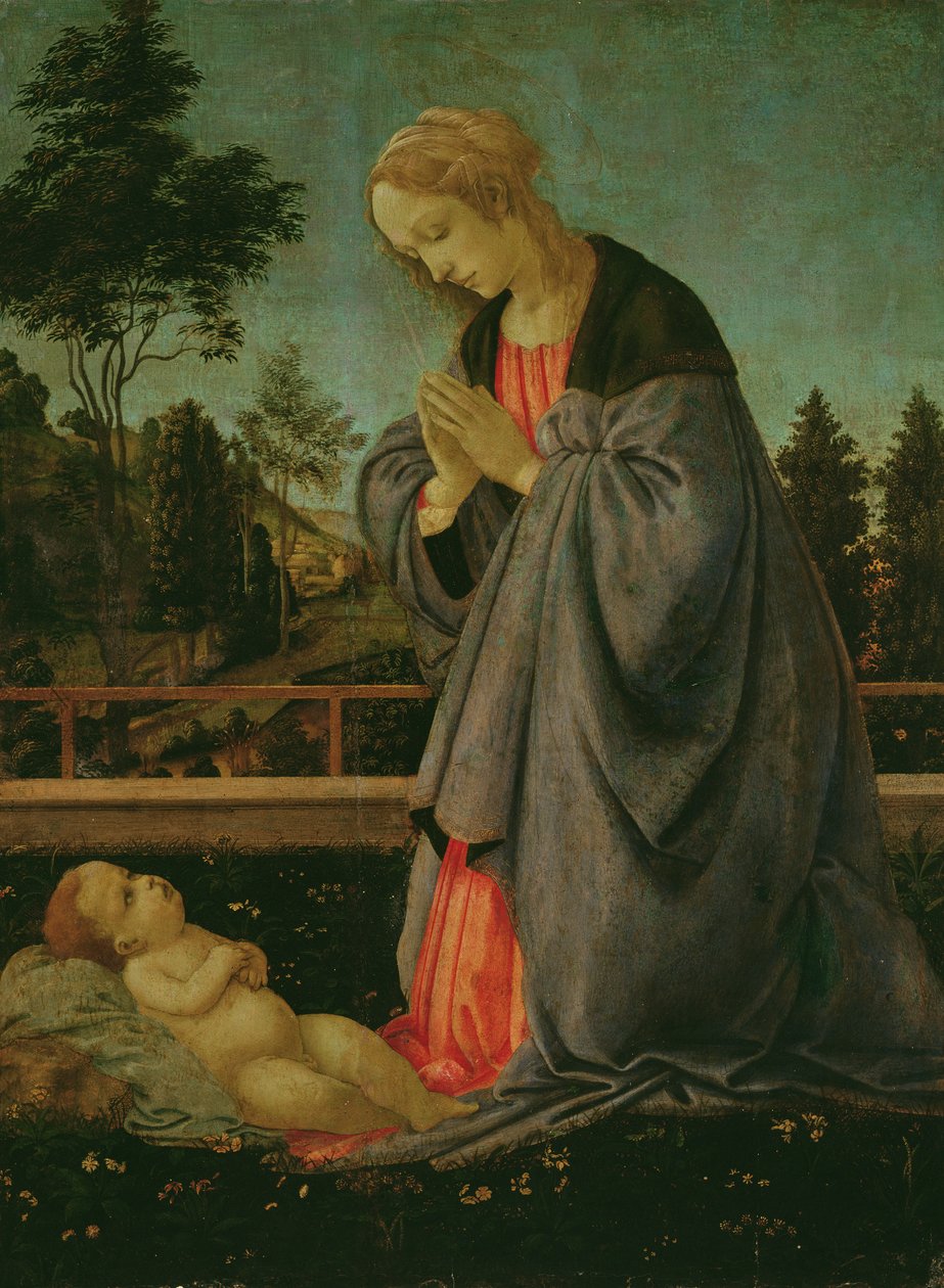 Tillbedjan av barnet (tempera på panel) av Filippino Lippi