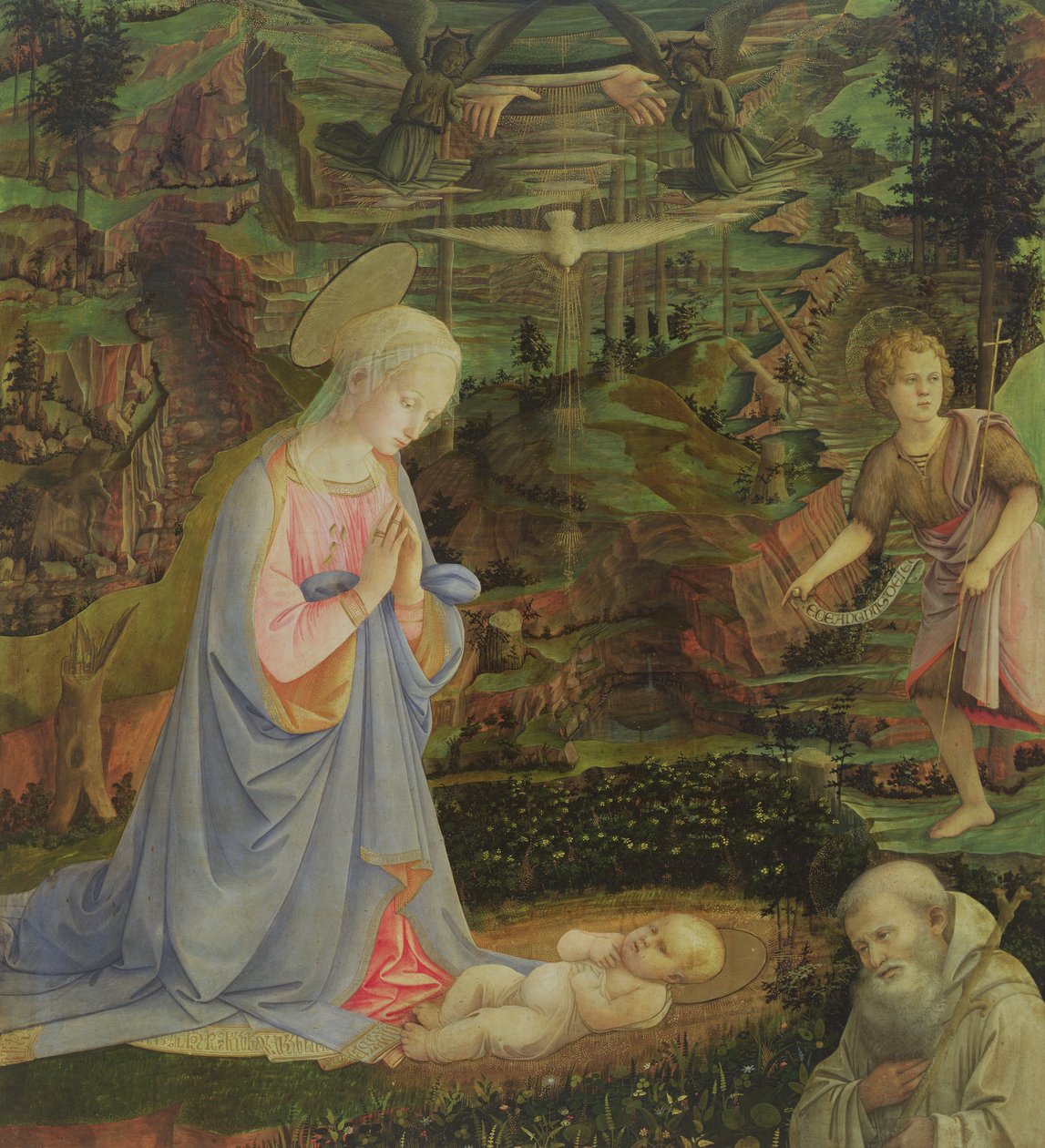 Tillbedjan av barnet med spädbarnet St John och St Romuald (tempera på panel) av Filippino Lippi