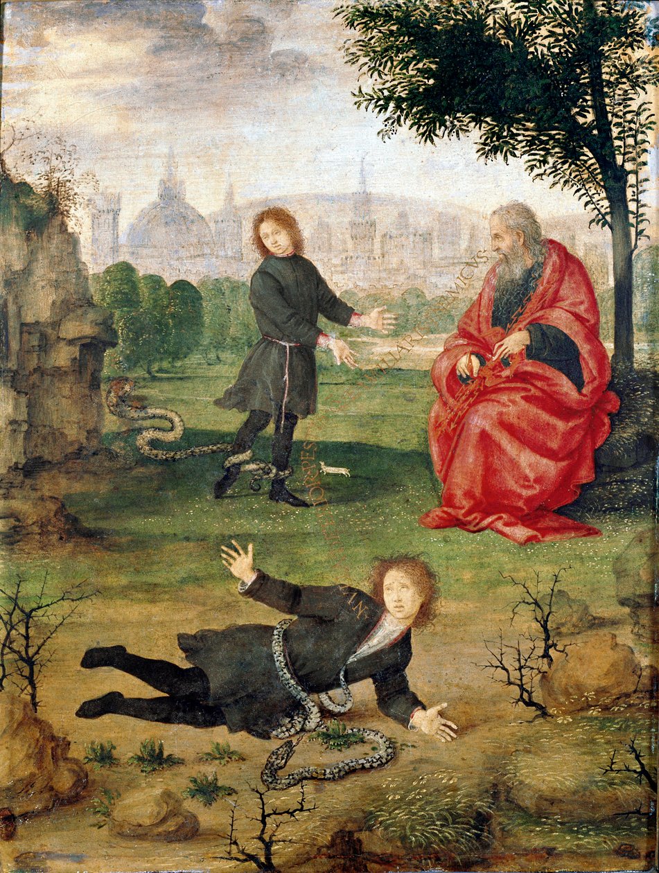 Allegori över familjen Medicis med inskription i mitten ”” Inget sår är värre än en fiende i familjen”” Målning av filippinska Lippi (1457-1504) 1494-1495 ca. Sol. 30x23 cm Florence Galleria degli Uffizi (Kontor) - Allegori över familjen Medici av Filippino Lippi
