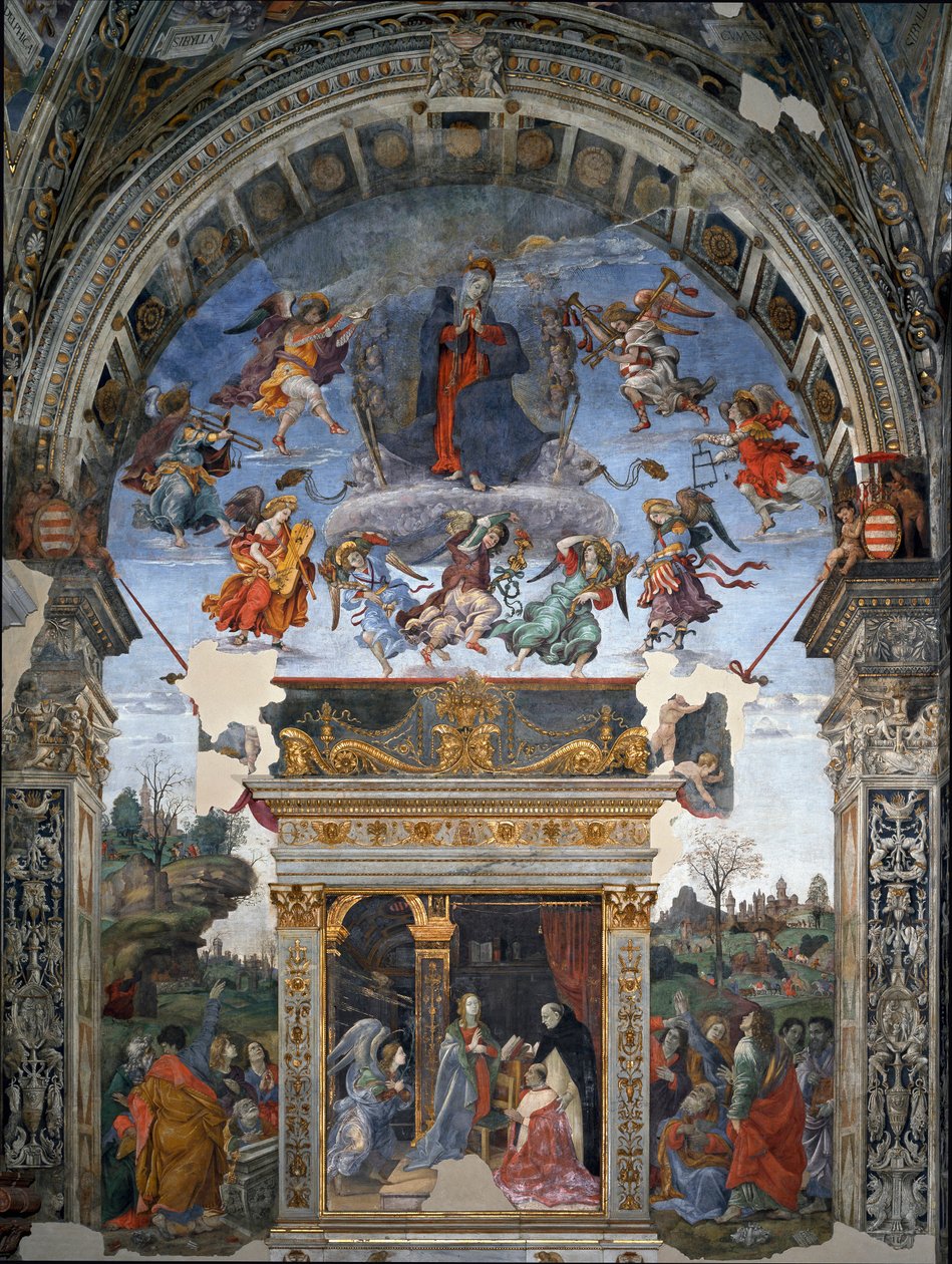 Jungfruns antagande och nedanför St. Thomas av Aquino som presenterar Maria kardinal Oliviero Carafa Fresco av filippinska Lippi (1457-1504) 1488-1492 Rom, Kyrkan Santa Maria sopra Minerva, Chapel Carafa Italien av Filippino Lippi