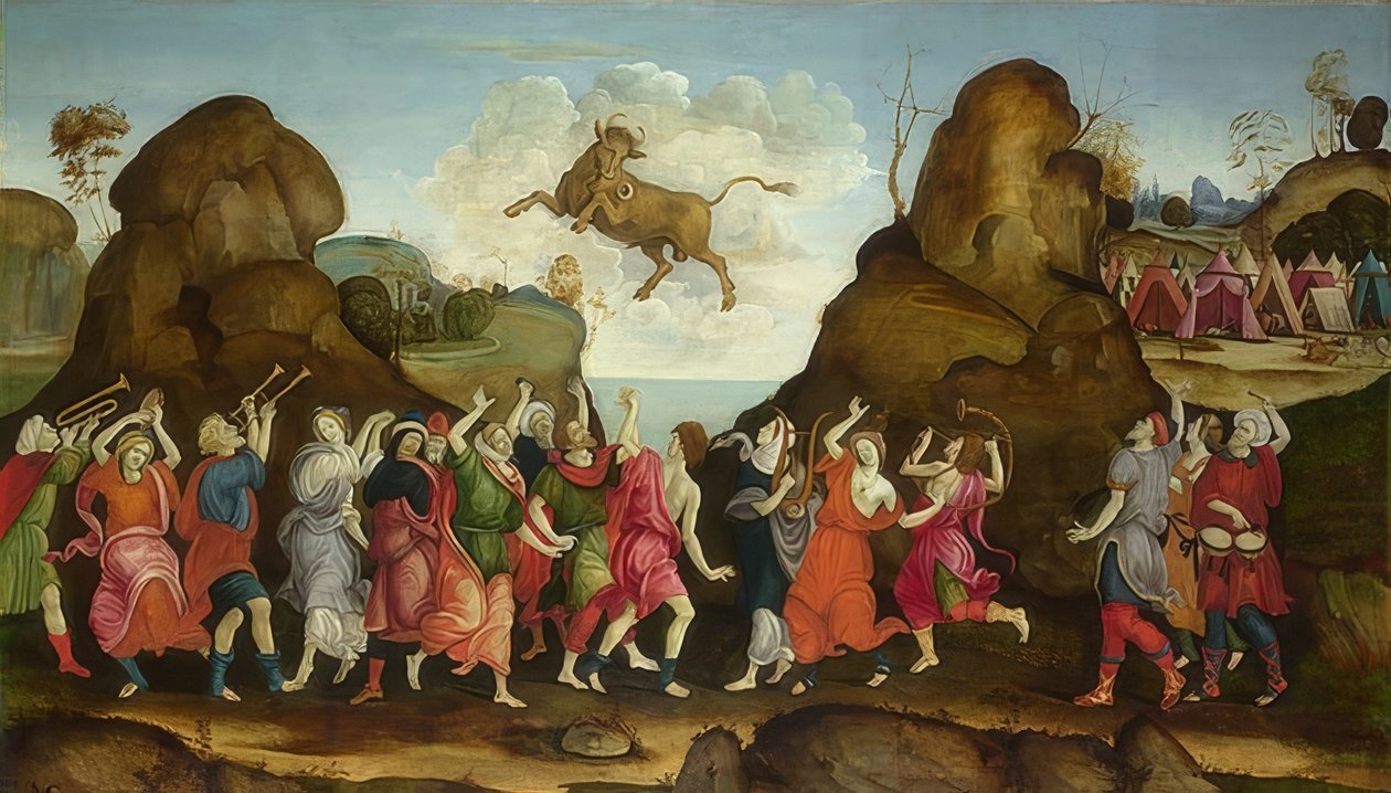 Tillbedjan av tjuren. Runt 1500 av Filippino Lippi