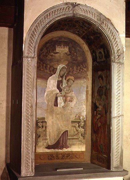 Madonna och barn med heliga, en detalj från tabernaklet i Canto al Mercantale, 1498 av Filippino Lippi