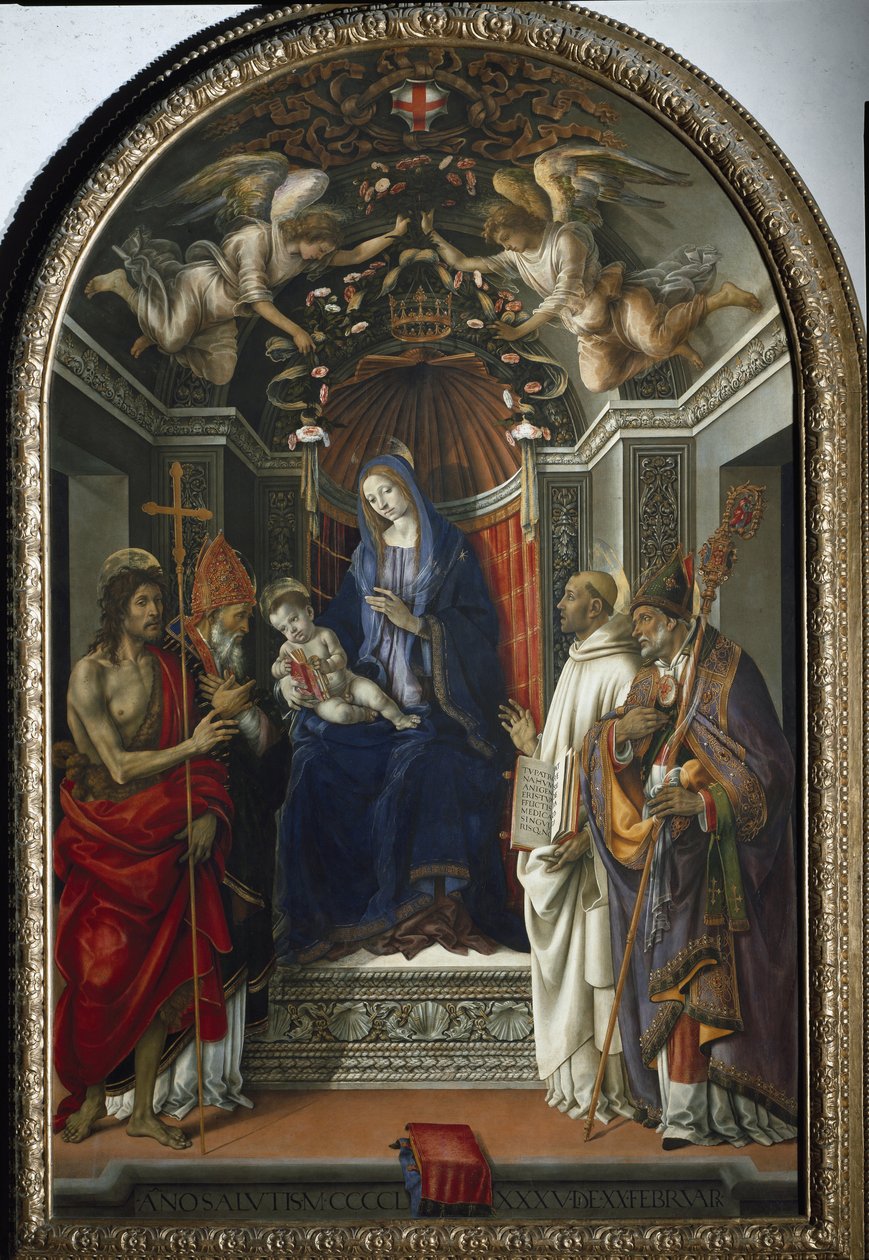Madonna med barnet omgiven av de heliga Johannes Döparen, Victor, Bernard av Clairvaux och Sankt Zenobius (1485-1486, tempera på poppelträ) av Filippino Lippi