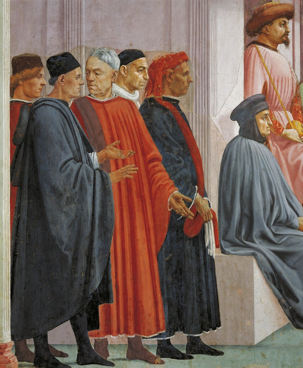 Män i medeltida klänning, detalj från The Raising of the Son of Theophilus, av Tommaso Masaccio, fresk av Filippino Lippi