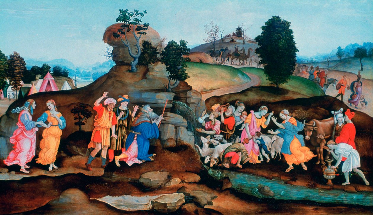 Moses för fram vatten ur klippan, c1500 av Filippino Lippi