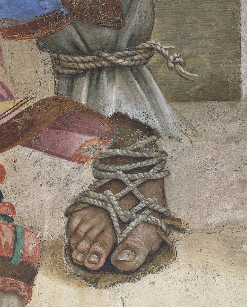 Saint John Evangelist Resuscitating Drusiana av Filippino Lippi, detalj av skor, fresk av Filippino Lippi