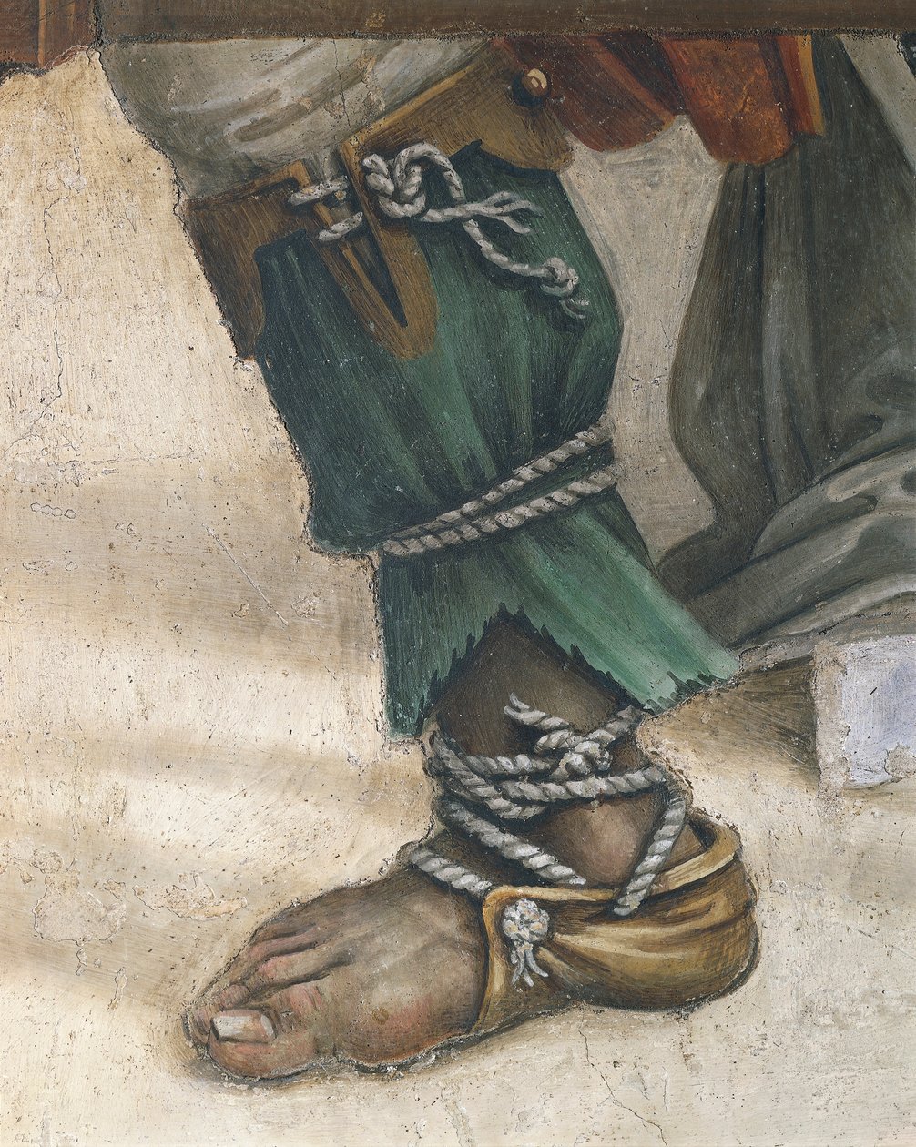 Saint John Evangelist Resuscitating Drusiana av Filippino Lippi, detalj av skor, fresk av Filippino Lippi