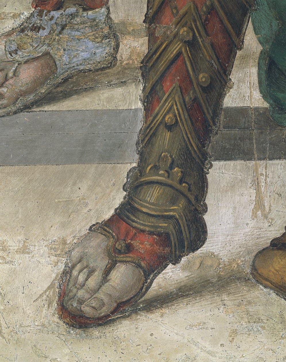 Saint Philip Driving Dragon från Temple of Hieropolis av Filippino Lippi, detalj på skor, fresk av Filippino Lippi