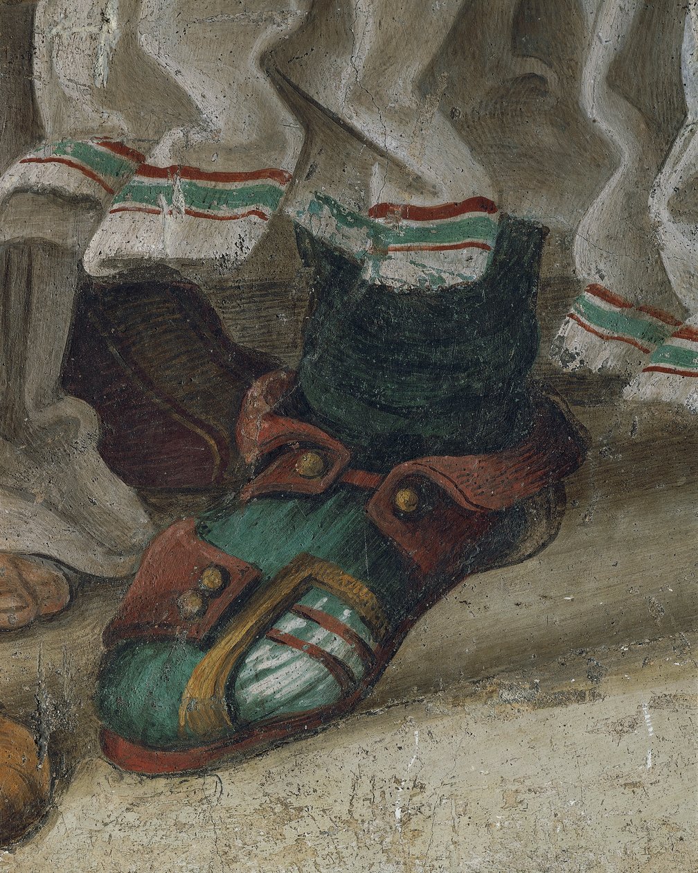 Saint Philip Driving Dragon från Temple of Hieropolis, detalj av skor, fresk av Filippino Lippi