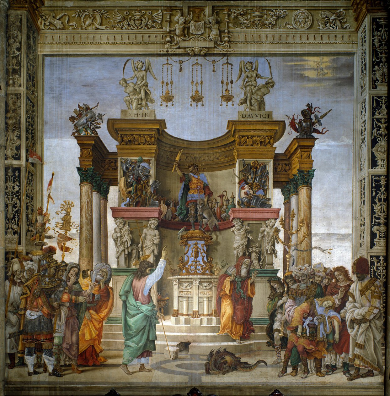 Saint Philip exorciserar draken från Hierapolistemplets fresco av filippinska Lippi (1457-1504) 1487-1502 Strozzi-kapellet, Santa Maria Novella, Florens - St. Philip driver draken från Hierapolistemplet, av filippinska Lippi (1457-1504) ) .... Färsk av Filippino Lippi
