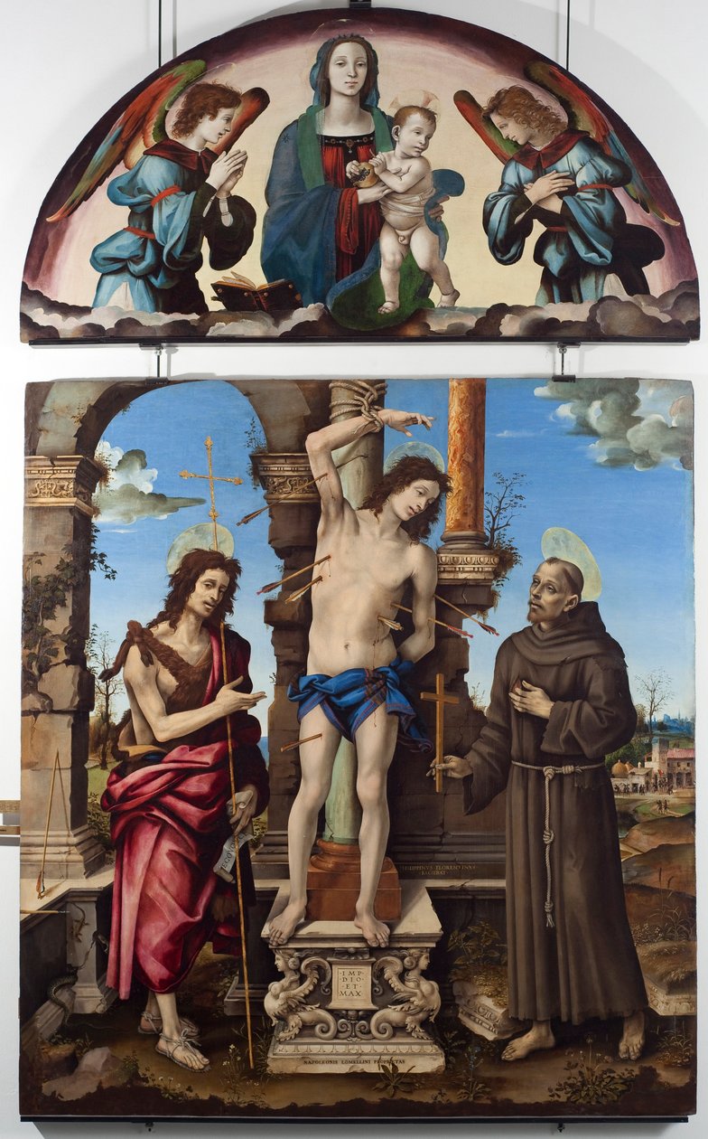 Saint Sebastian omgiven av Saint John the Baptist och Saint Francois of Assisi Central panel. Up virgin har barn. Målning på trä av Filippo Lippi (1451-1504) Dim. 298x185 cm Musei di Strada Nuova (ex Palazzo Bianco), gener av Filippino Lippi