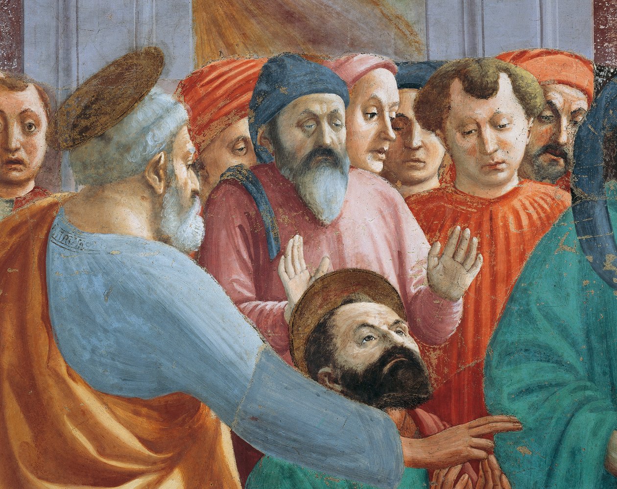 Heliga och folkmassa, detalj från The Raising of the Son of Theophilus, av Tommaso Masaccio, fresk av Filippino Lippi