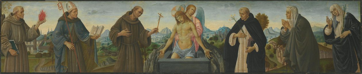 Smärtornas man och sex helgon (den helige Antonius av Padua, Ludvig av Toulouse, Franciskus, Dominikus, Klara och Katarina av Siena) av Filippino Lippi