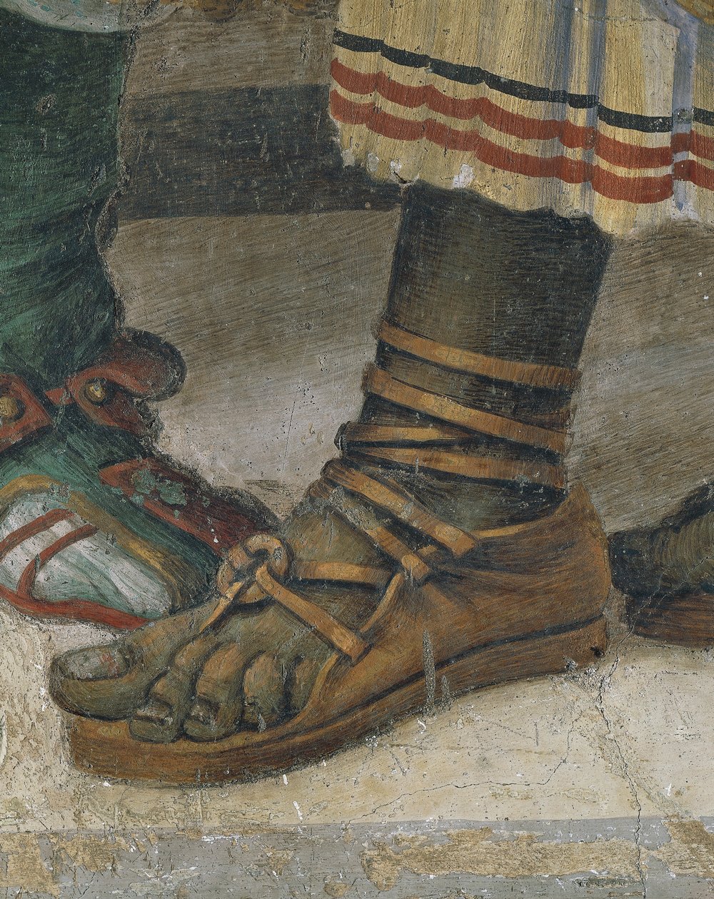 St Philip Driving Dragon från Temple of Hieropolis, detalj av skor, fresk av Filippino Lippi