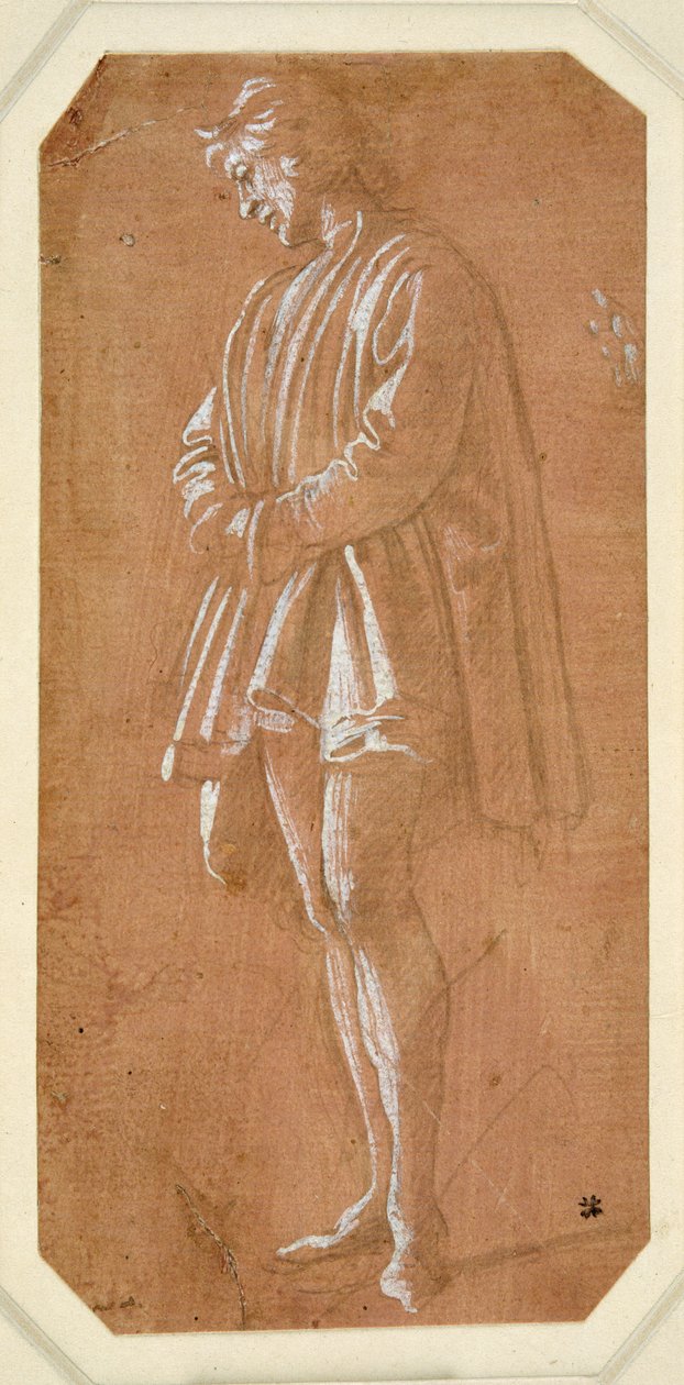 Studie av en ung man som står med händerna vikta i ärmarna (metallspets på papper förberedd rosa, förhöjd med vit kroppsfärg) av Filippino Lippi
