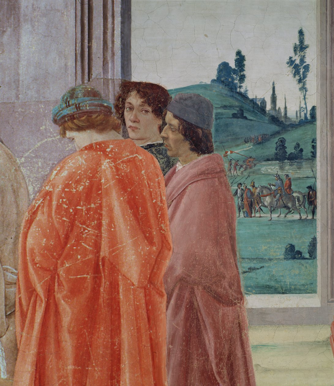 Tvisten med Simon Mago och S:t Peters korsfästelse Detalj av tre figurer som tittar på korsfästelsen, centralt porträtt som tros vara av Filippinska läraren Botticelli, fresk ca 1480, se även 6 av Filippino Lippi
