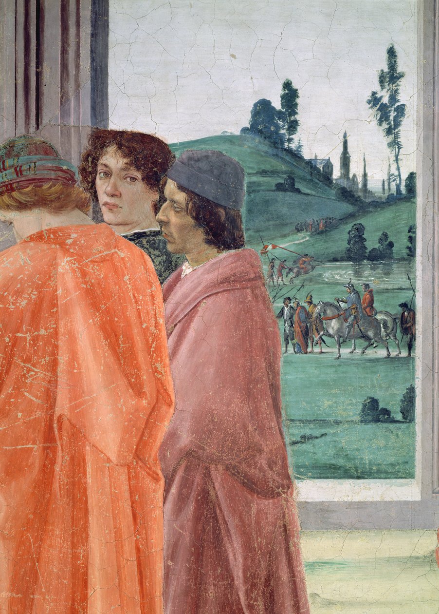 Tvisten med Simon Mago och S:t Peters korsfästelse Detalj av tre figurer som tittar på korsfästelsen, centralt porträtt som tros vara av Filippinska läraren Botticelli, fresk ca 1480 se även av Filippino Lippi