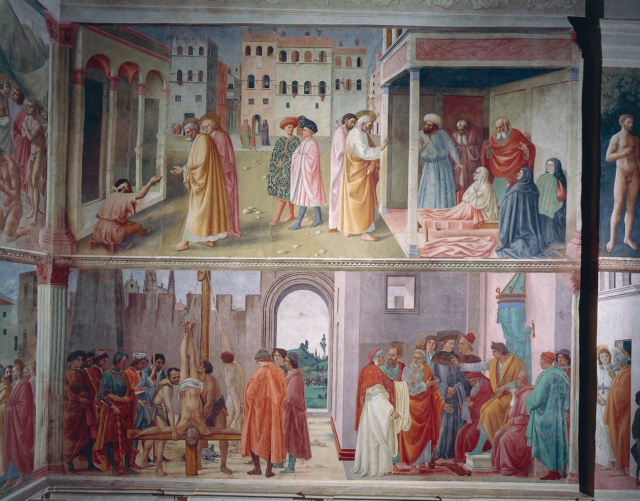 The Healing of the Cripple and Raising of Tabitha, av Masolino da Panicale, Sankt Peter konfronterar Simon Magus före Nero, och Sankt Peters martyrskap, av Filippino Lippi, fresker av Filippino Lippi
