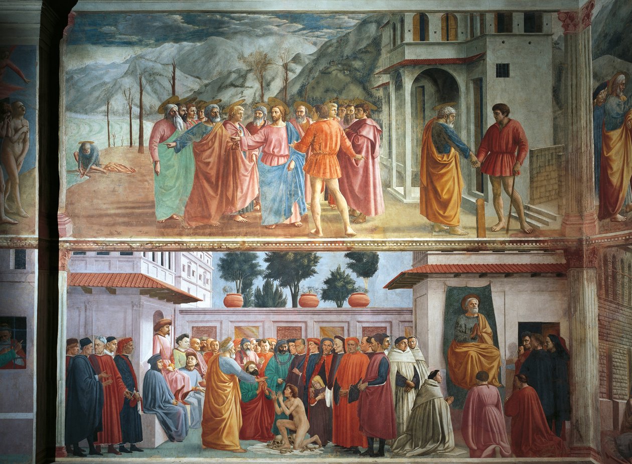 Hyllningspengarna, av Tommaso Masaccio, The Raising of the Son of Theophilus and Saint Peter tronen, av Tommaso Masaccio och Filippo Lippi, fresker av Filippino Lippi